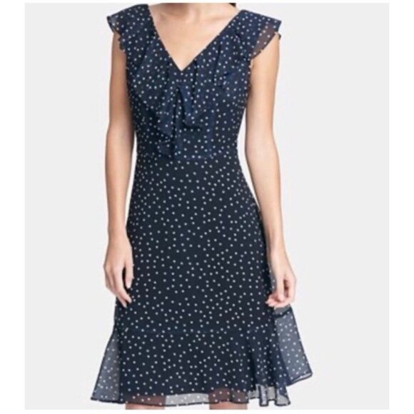 DKNY Dress Navy Blue Ivory 10 Polka Dot Flutter Sleeve A Line Flowy Summer - Picture 9 of 9